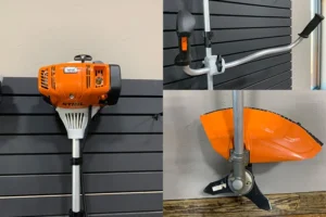 Stihl brush trimmer with an orange and black design on display